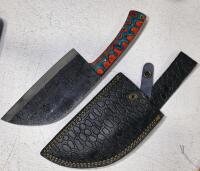 Custom Cleaver Knife, 7" High Carbon Blade, Patterned Resin Handle, Leather Sheath Included - 3