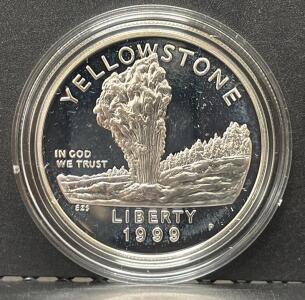 1999 P Yellowstone National Park Silver Dollar Proof Coin, U.S. Mint Case, COA, 90% Silver