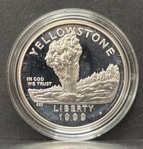 1999 Yellowstone National Park Proof Silver Dollar, US Mint, Original Box & COA, 90% Silver, P Mint Mark