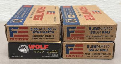 (80) Rounds Of Frontier 5.56 NATO 68gr BTHP & 55gr FMJ, Wolf .223 Rem 55gr FMJ, Brass Case, 20 Round Boxes