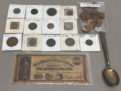 Large World Coin Lot w/Slabbed 19th-20th C. Coins, Idaho $100 Note Replica, 1939 NY World&rsquo;s Fair Spoon