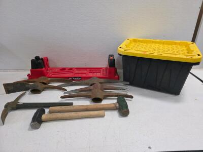Lot of Hand Tools: Tipton Gun Vise, Sledge Hammers, Pick/Mattock Heads, Storage Tote