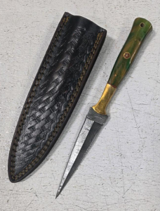 Damascus Fixed-Blade Dagger, 4.5" Blade, Resin/Brass Handle, Leather Sheath, Mosaic Pin