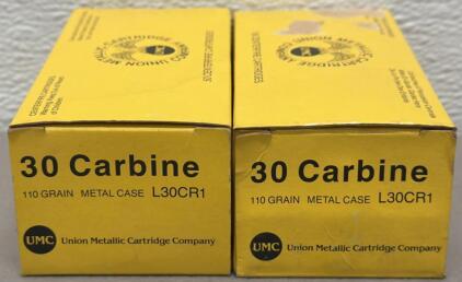 (100) Rounds Of .30 Carbine 110gr FMJ Ammunition, UMC by Remington, 50rd Boxes, L30CR1, Brass Case, Made in USA