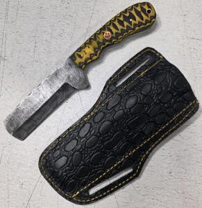 Custom Damascus Sheepsfoot Knife, Full Tang, Yellow-Black Handle, 4" Blade, Sheath Included