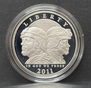 2011 U.S. Mint Army Proof Silver Dollar Coin, 90% Silver, Box & COA, Philadelphia "P" Mint Mark
