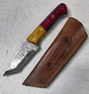 Custom Damascus Steel Fixed Blade Utility Knife with Tooled Leather Sheath