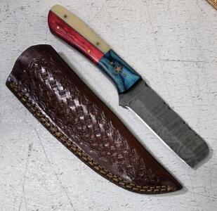 Custom Damascus Fixed Blade Knife, 8.5" Overall, Star Inlay Multicolor Handle, Leather Sheath
