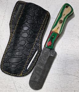 Custom Damascus Fixed Blade Knife, 4.5" Blade, Mosaic Pin Handle, Leather Sheath, Santoku Style