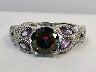 Mystic Rainbow Topaz Round Cut Faceted Ring, Size 9
