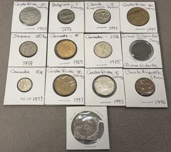 International World Coin Lot &ndash; 13 Coins &ndash; Costa Rica, Canada, Japan, Czech, UK &ndash; 19th/20th Century