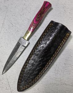Custom Dagger-Style Fixed Blade Knife, 8.5" Overall, Pink/Purple Handle, Tooled Leather Sheath