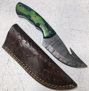 Custom Damascus Steel Hunting Knife with Gut Hook, 4" Blade, Dyed Wood/Resin Handle, Leather Sheath