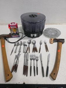 Working Open Country FD-1010 Dehydrator, 2 Hatchets, Flatware, Trump Troll Doll, Steamer Basket Lot