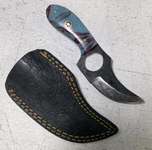 Custom Karambit Knife with Multi-Colored Resin Handle and Leather Sheath