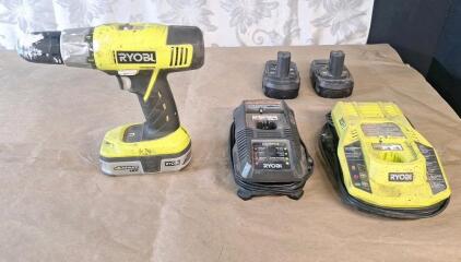 (1) Ryobi 18V 1/2" Cordless Drill W/ (3) Batteries & (2) Chargers