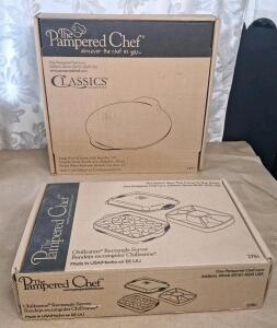 (1) Pampered Chef Large 15" Round Stone W/ Handles, Classics Collection Item #1371 & (1) Pampered Chef Chillzanne Rectangle Serving Tray, Item #2781