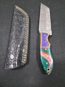 Custom Damascus Fixed-Blade Knife, Multicolor Resin/Wood Handle, Leather Sheath, Mosaic Pin