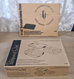 (1) Pampered Chef 12" x 15" Rectangle Baking Stone, Family Heritage Collection Item #1350 & (1) Pampered Chef Chillzanne Rectangle Serving Tray, Item #2781
