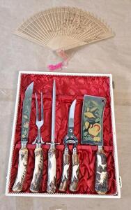 (1) 5-Piece Vintage Solingen Germany Carving Set W/ Carved Antler Handles