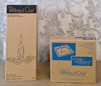 (1) Pampered Chef Oil Dipping Set, Item #2310 & (1) Pampered Chef 7" Square Plate, Small Tiles, Item #2024