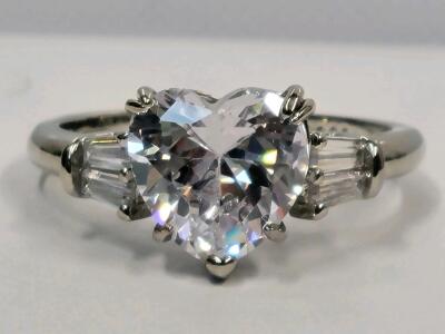 Clear White Stone Heart Shaped Faceted .925 Ring, Size 10