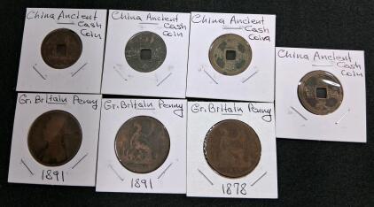 Victorian UK Pennies 1878/1891 & Ancient Chinese Cash Coins, Bronze, Queen Victoria Busts