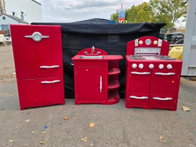 Red Retro Wooden Play Kitchen Set with Fridge, Sink, and Stove/Oven