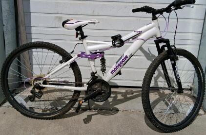 Mongoose Ledge 2.1 Women's Full Suspension Mountain Bike, 26" Wheels, 21-Speed, White/Purple