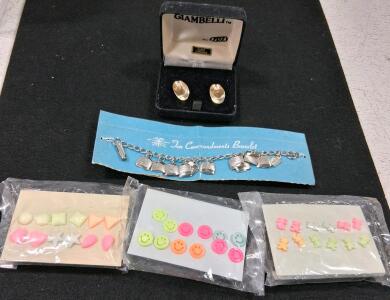 Vintage GIAMBELLI Gold Tone Earrings, Ten Commandments Charm Bracelet & Novelty Earrings