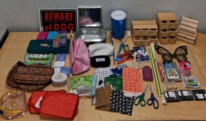 Assorted Craft, Household & Office Lot w/ Wood Organizers, Tools, Fabric, Supplies, 40+ Items