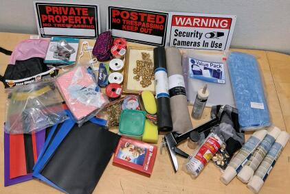 Mixed Lot: No Trespassing Signs, Face Shields, Clamp Lamp, Caulk Gun, Home & Workshop Supplies