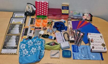 Large Assorted Lot: 60+ Home, School, Office Supplies, Harvard Health Book, Frames, Dolls, Bags