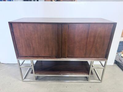 Modern Dark Wood & Metal Sideboard Cabinet, 2 Doors, Open Shelf, Approx 48&rdquo;Wx16&rdquo;Dx34&rdquo;H