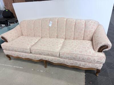 French Provincial 3-Seater Sofa with Carved Wooden Trim and Floral Upholstery 34&rdquo;H