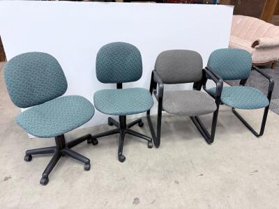 Office Chair Lot: 2 Swivel Task Chairs & 2 Sled-Base Guest Chairs, Blue/Gray Fabric, Black Frame