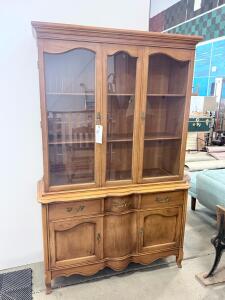 Vintage China Cabinet Hutch with Glass Doors, 6 Shelves, 3 Drawers, Medium Wood Finish