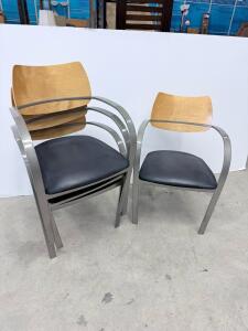 Modern Stackable Guest Chairs, Metal Frame, Wood Back, Black Vinyl Seat, Set of 3, With Arms
