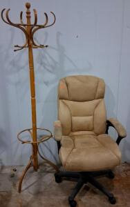 Ergonomic Rolling Office Chair Beige with Armrests & Freestanding Wooden Coat Rack with 12 Hooks