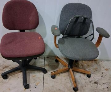 Two Office Task Chairs &ndash; Burgundy/Gray, Pneumatic Height, Rolling Base, Armrests, Mesh Lumbar