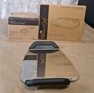 (1) Pampered Chef Bamboo Tool Turn-About, Item #2172, (1) Pampered Chef Bamboo Cheese Board, Item #1003 & (1) Pampered Chef Mega Lifter