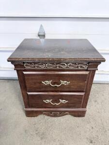 Traditional 2-Drawer Nightstand, Dark Brown Finish, Ornate Trim, 24"x16"x26", Decorative Pulls