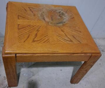 Square Oak Wood End Table, Parquet Top, Modern Design, Light Finish