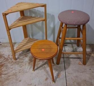 Corner Shelf, Mid-Century Round Stool, and Upholstered Bar Stool &ndash; Wood, 3pc Furniture Set
