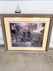 Framed Urban Street Scene Art Print, Double Matted, Wood Frame, Approx. 24x20 in