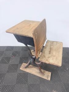 Antique School Desk & Bench Combo, Early 20th Century, Cast Iron Frame, 32"x24"x30"