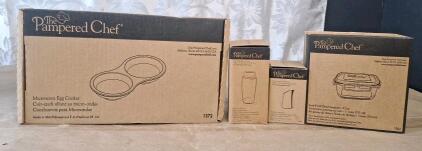(1) Pampered Microwave Egg Cooker, Item #1372, (1) Pampered Chef Leak-Proof Glass Container, 3-Cup, Item #1202, (1) Pampered Chef Drippless Oil / Vinegar Bottle, Item #1644 & (1) Pampered Chef Drippless Oil / Vinegar Lid, Item #1639