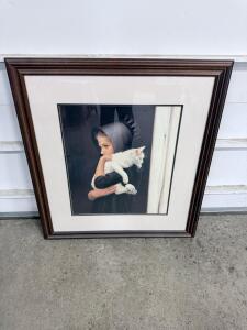 Framed Art Print &ndash; Child Holding White Cat, 28" x 32", Dark Wood Frame, Glass Covered