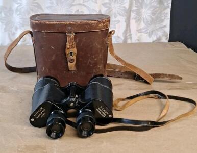 (1) Vintage Pair Of Atcocite 7x50 Coated Optics Binoculars W/ Original Leather Case