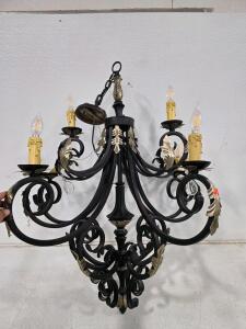 Untested 6-Light French Country Style Wrought Iron Chandelier with Crystal Pendants, Black & Gold Leaf